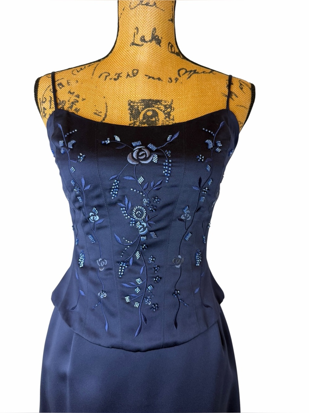 Vintage Michelangelo Navy Satin Beaded Corset Maxi Skirt Set USA Size 6 - Picture 4 of 10